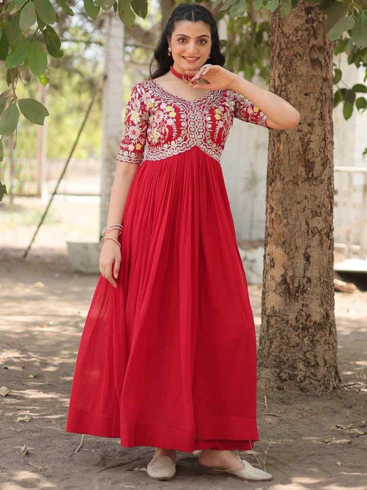 Red Faux Blooming Embroidered Festival Mehendi Gown