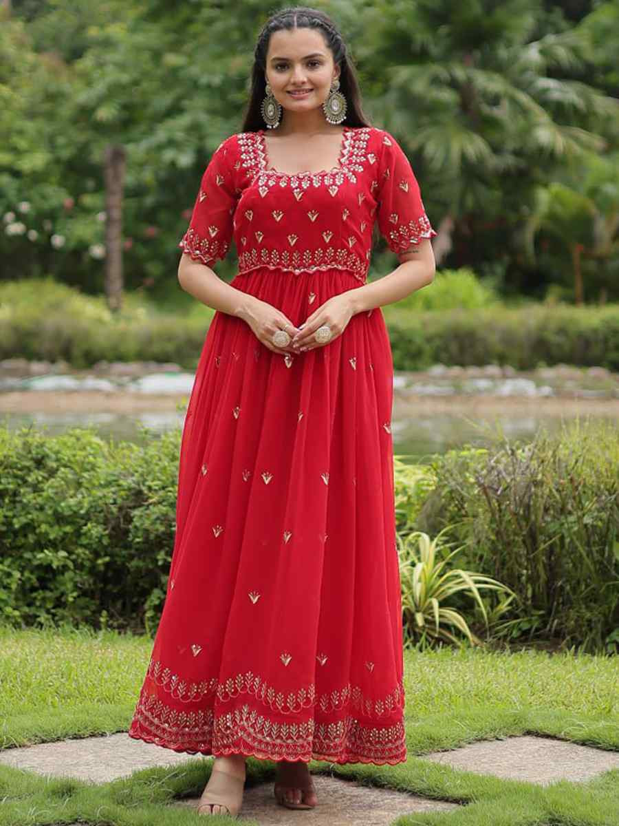 Red Faux Blooming Embroidered Festival Party Gown