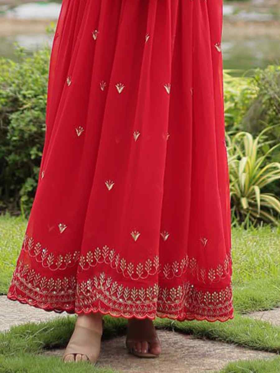 Red Faux Blooming Embroidered Festival Party Gown