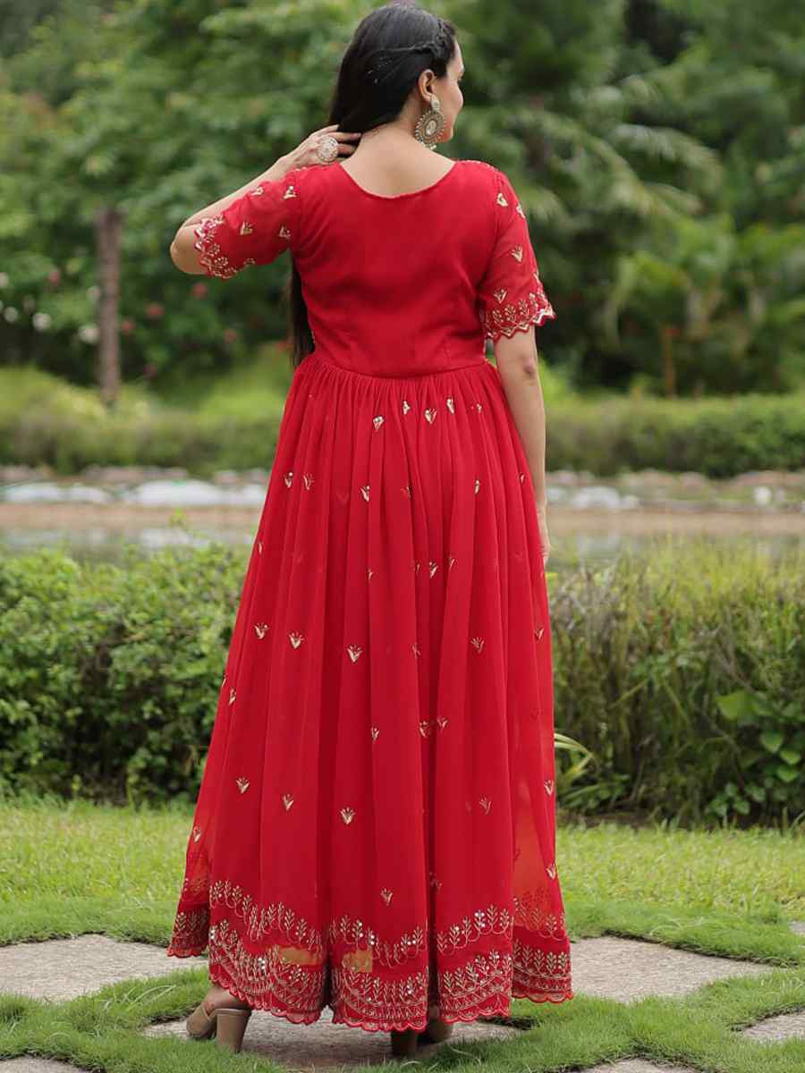 Red Faux Blooming Embroidered Festival Party Gown