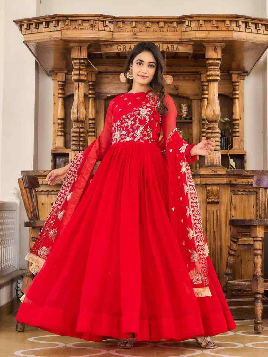 Red Faux Georgette Embroidered Festival Casual Gown