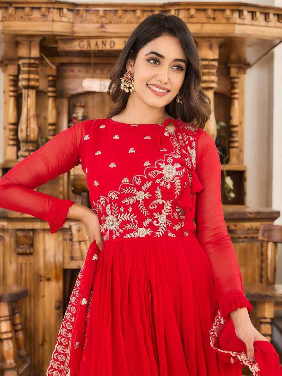 Red Faux Georgette Embroidered Festival Casual Gown