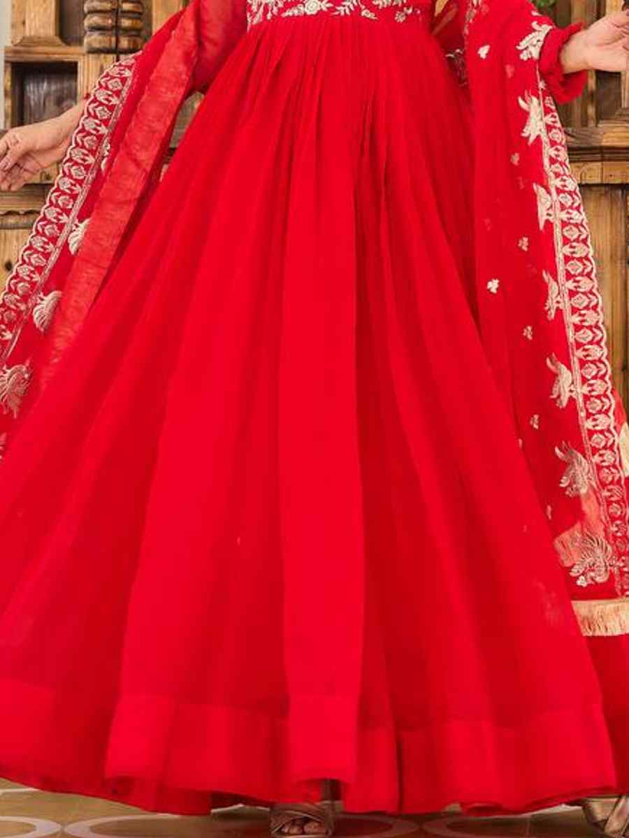 Red Faux Georgette Embroidered Festival Casual Gown