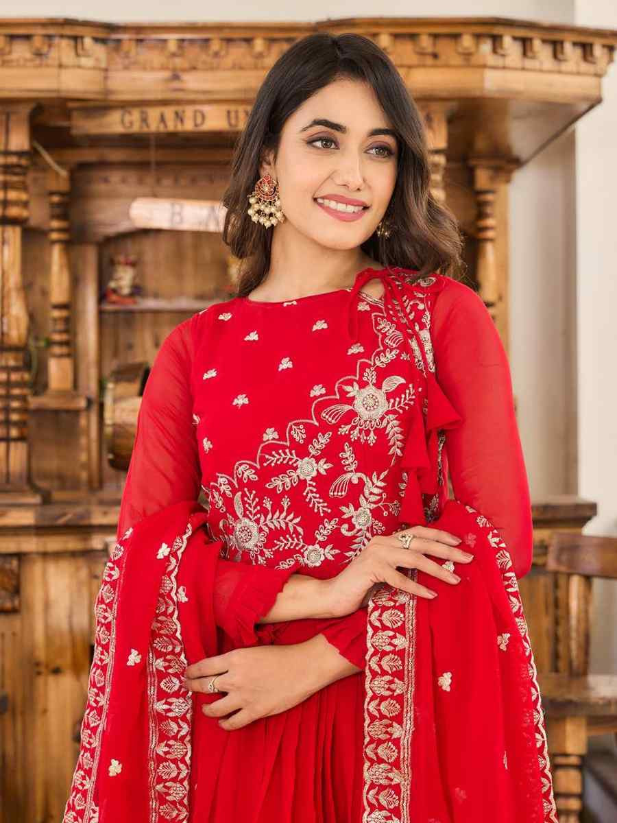 Red Faux Georgette Embroidered Festival Casual Gown