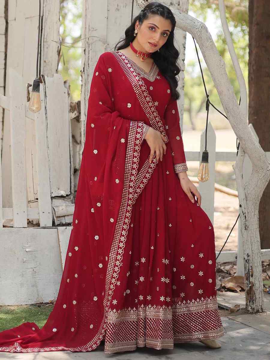 Red Faux Georgette Embroidered Festival Casual Gown