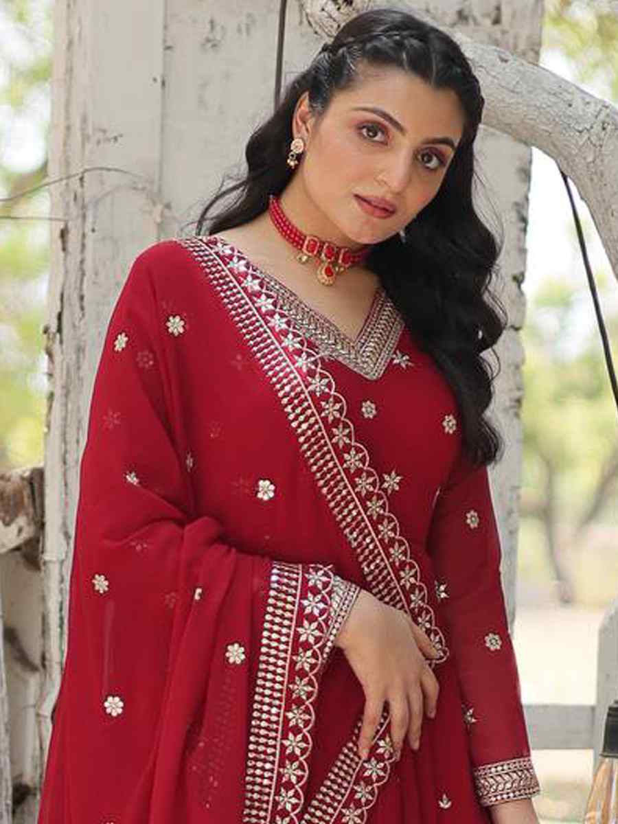 Red Faux Georgette Embroidered Festival Casual Gown