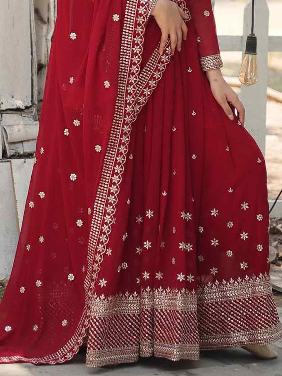 Red Faux Georgette Embroidered Festival Casual Gown