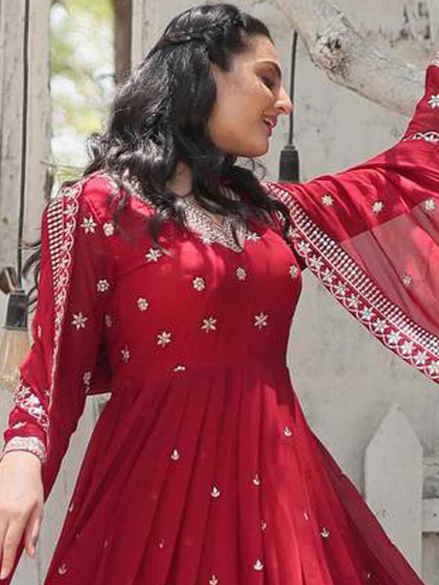 Red Faux Georgette Embroidered Festival Casual Gown