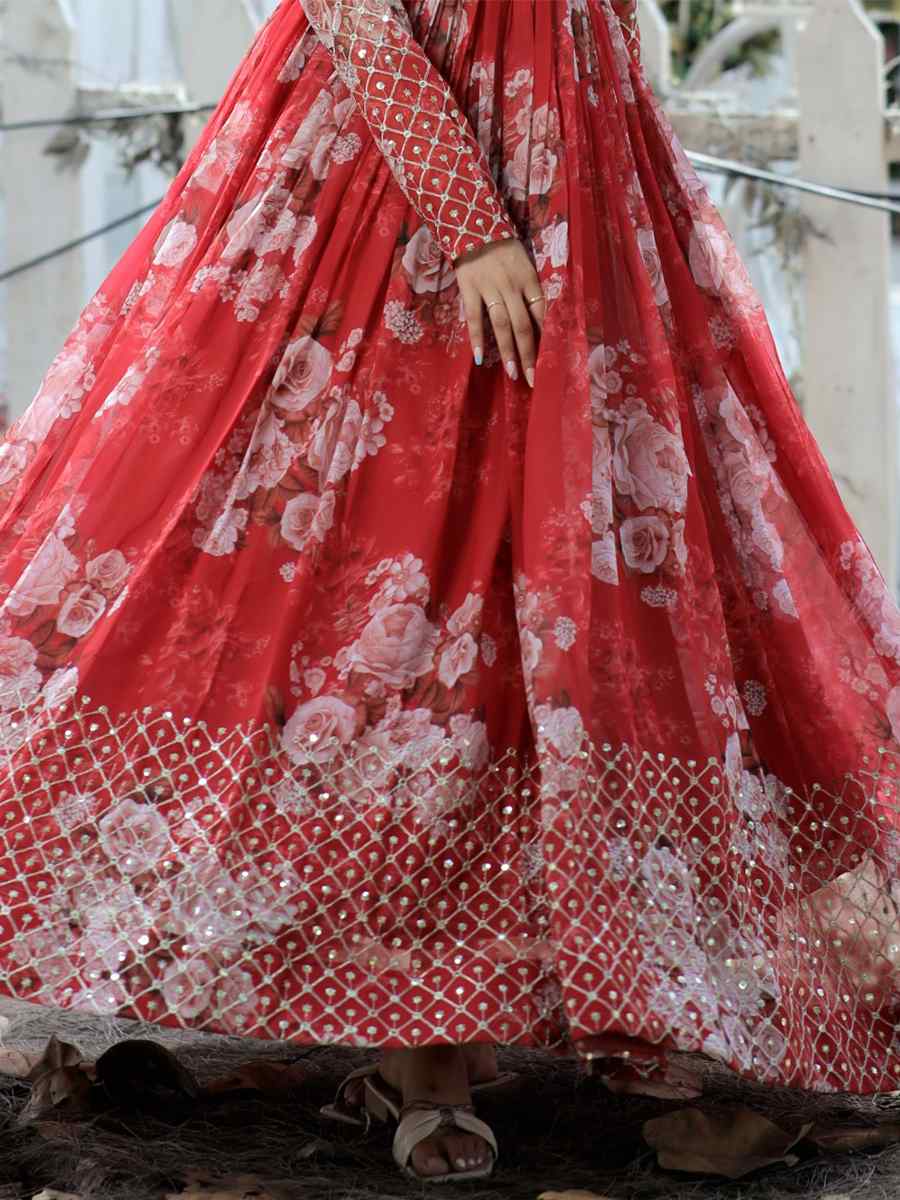 Red Faux Georgette Embroidered Festival Casual Gown