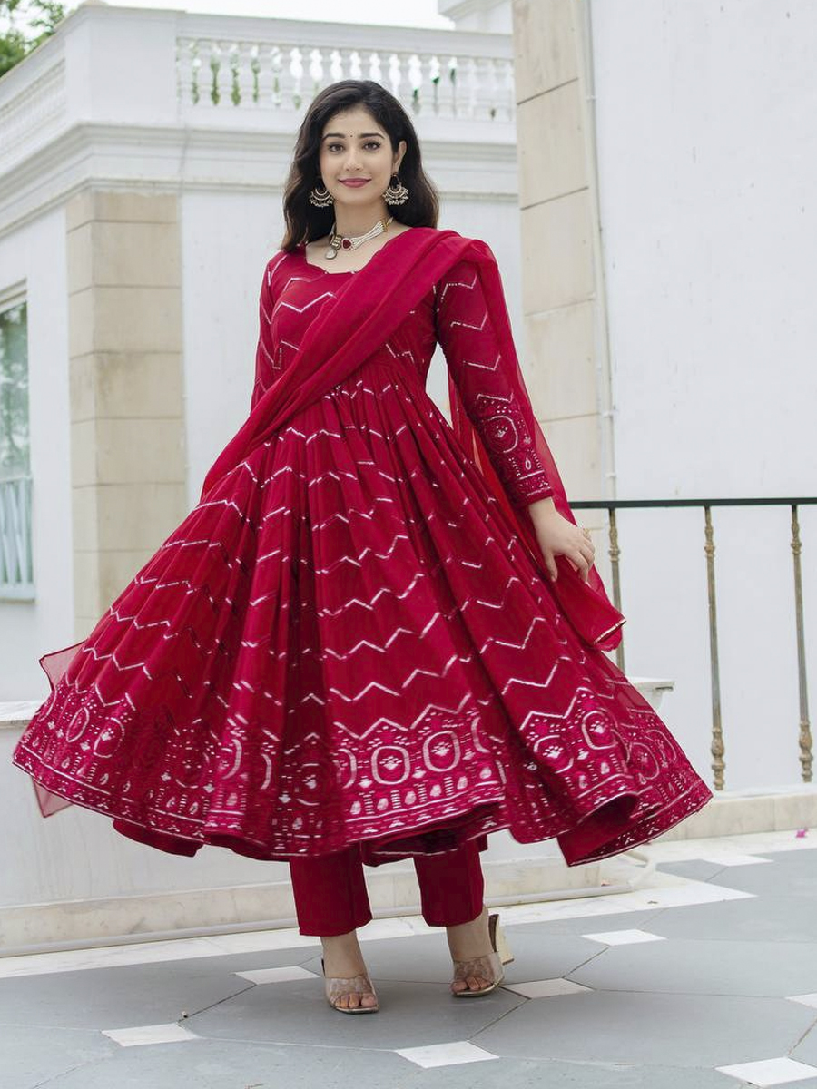 Red Faux Georgette Embroidered Festival Mehendi Ready Anarkali Salwar Kameez