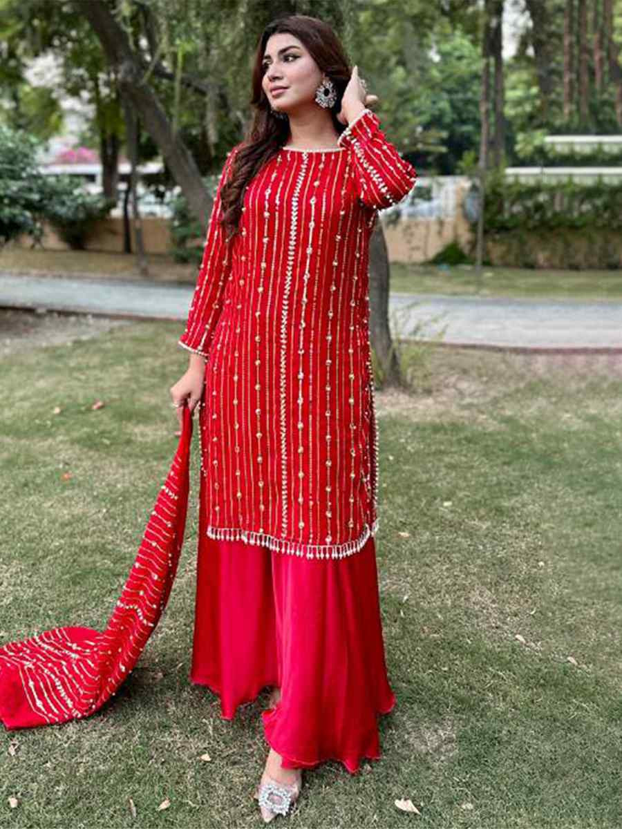 Red Faux Georgette Embroidered Festival Wedding Palazzo Pant Ready Salwar Kameez