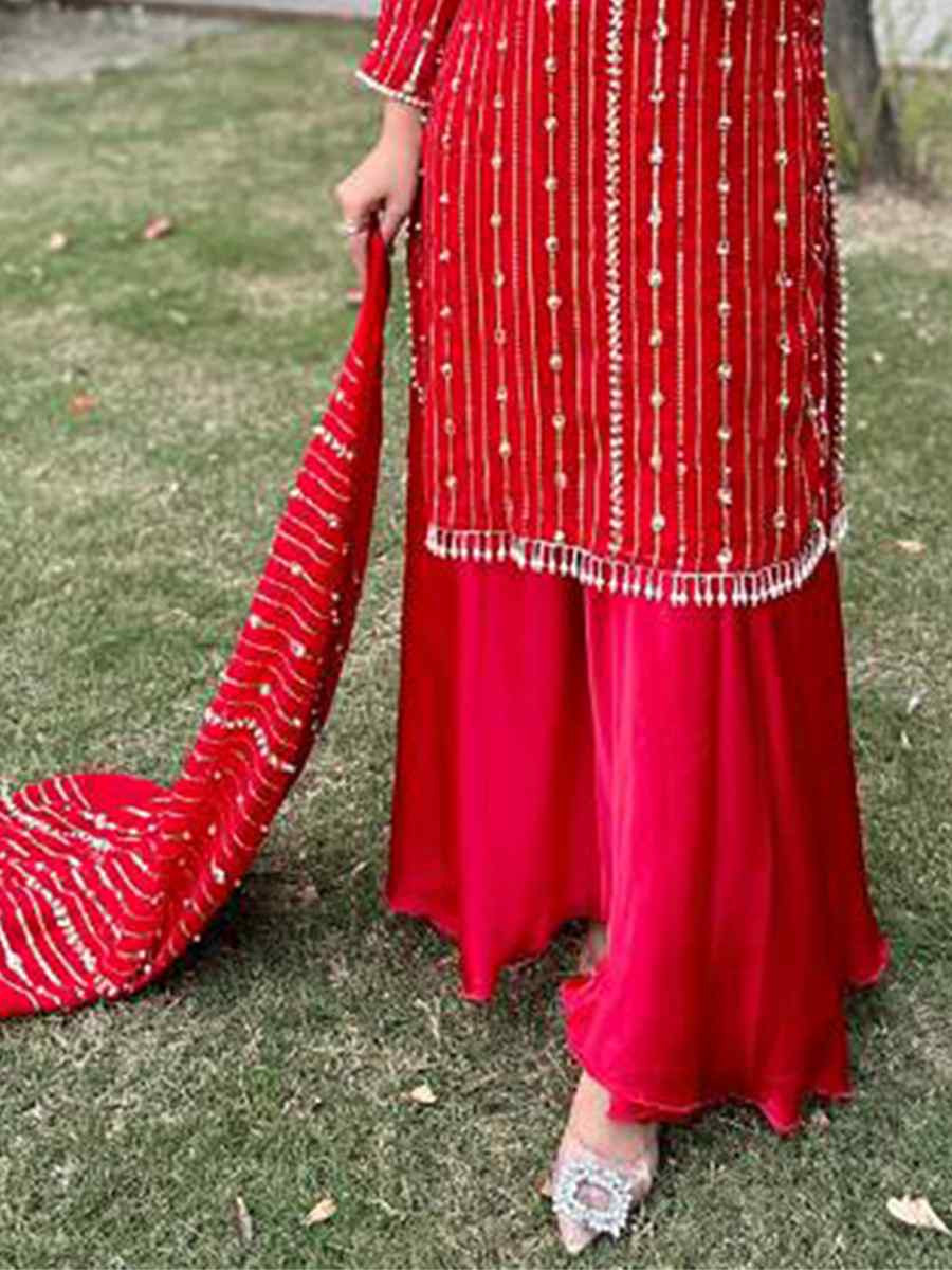 Red Faux Georgette Embroidered Festival Wedding Palazzo Pant Ready Salwar Kameez