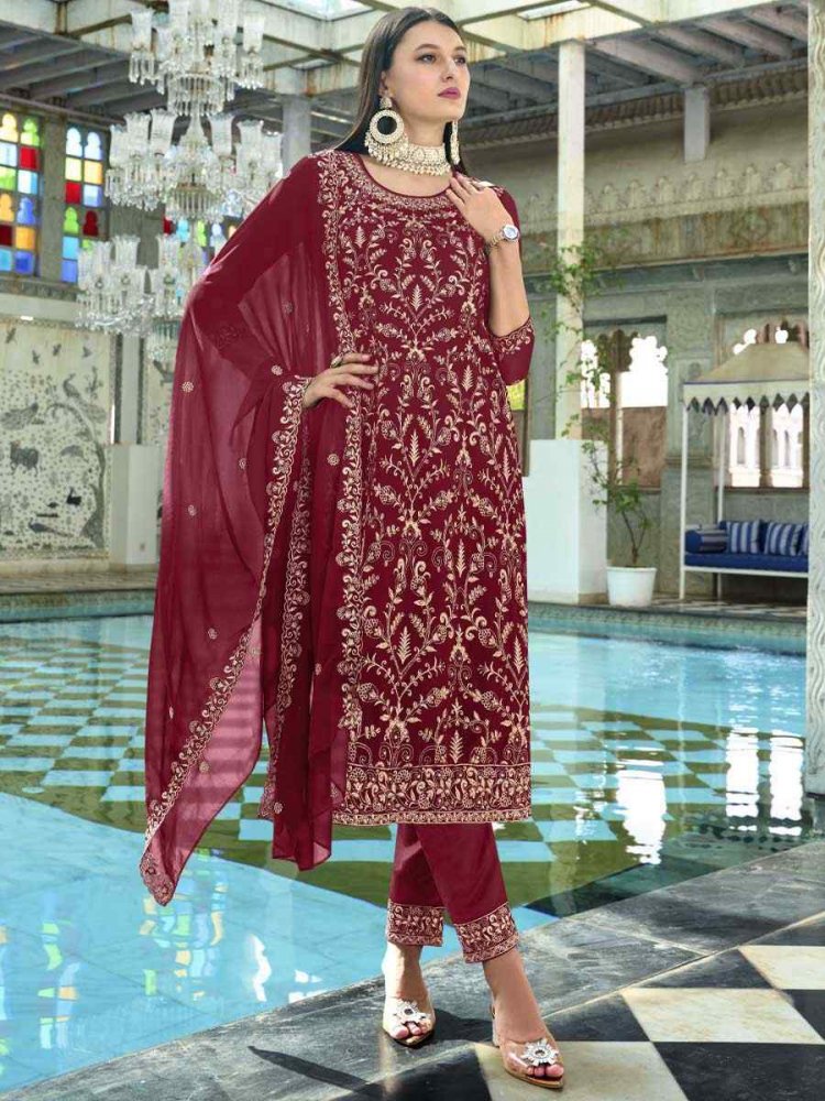 Red Faux Georgette Embroidered Festival Wedding Ready Pant Salwar Kameez