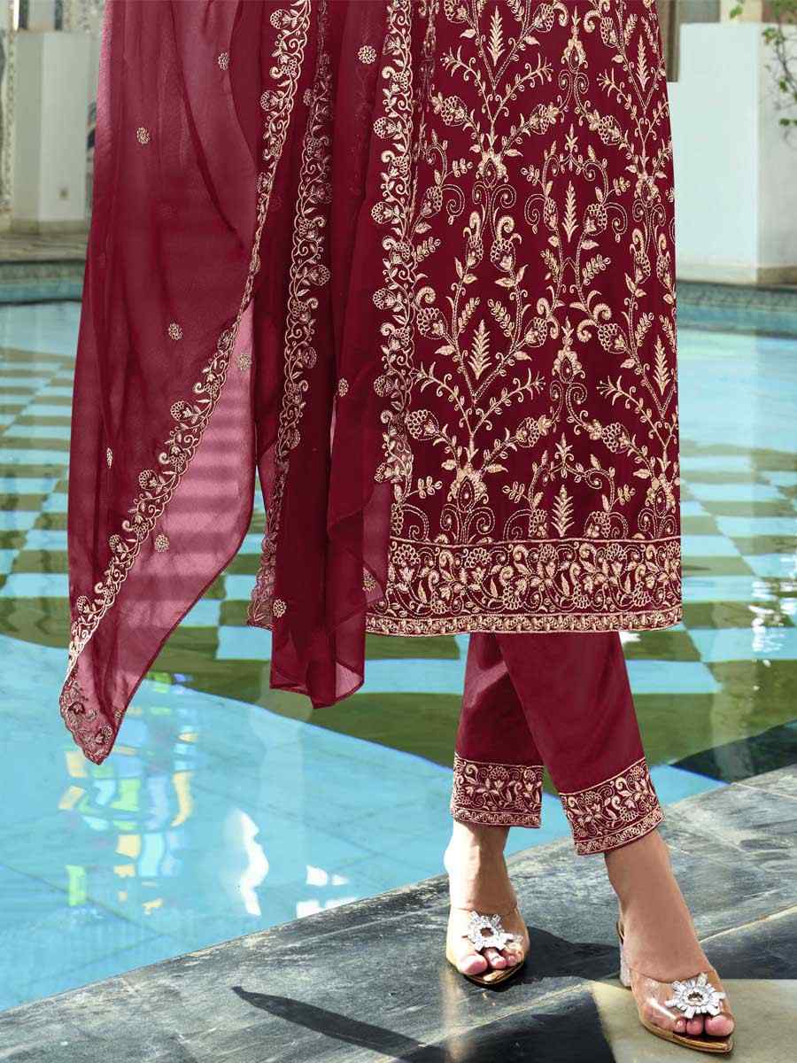 Red Faux Georgette Embroidered Festival Wedding Ready Pant Salwar Kameez