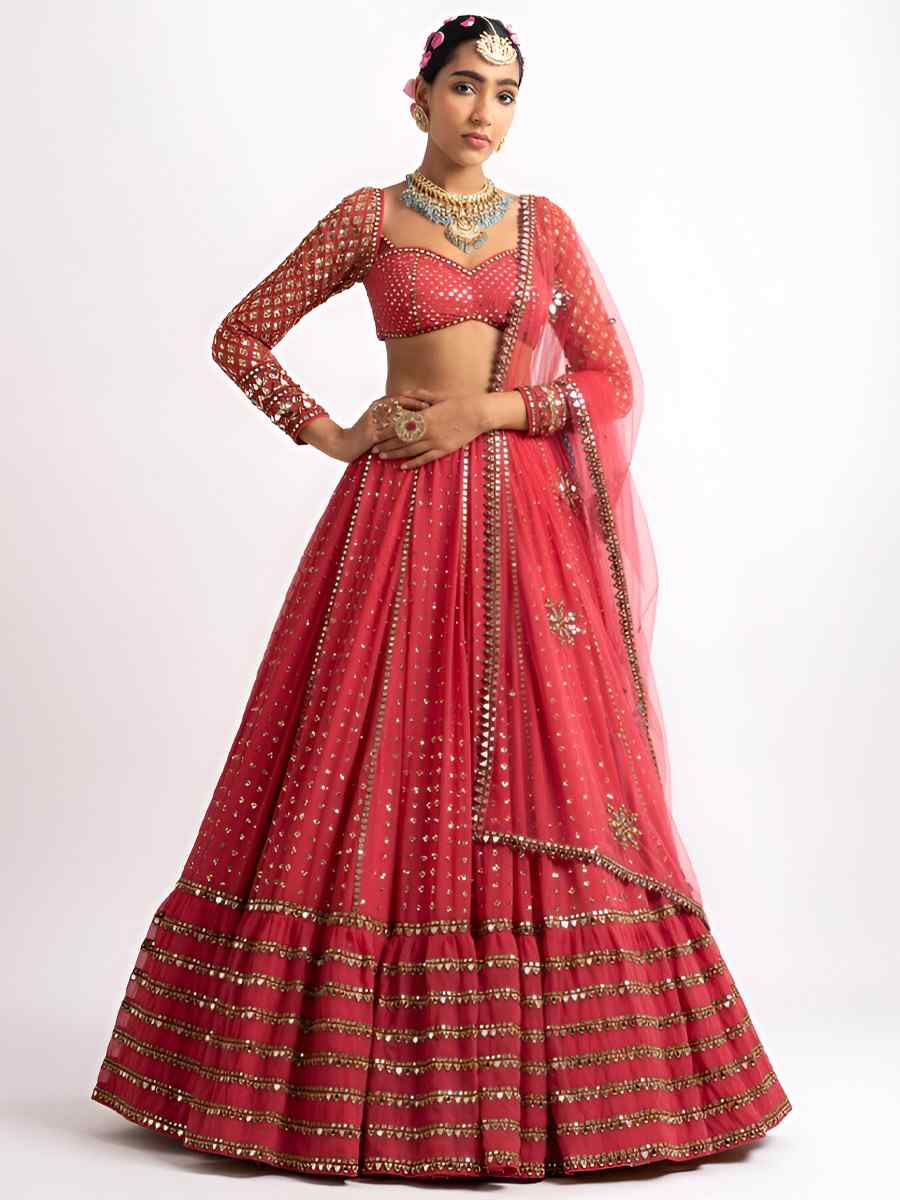 Red Faux Georgette Embroidery Bridesmaid Wedding Heavy Border Lehenga Choli