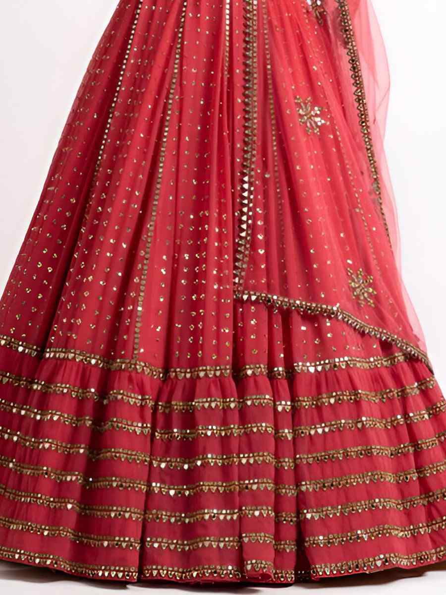 Red Faux Georgette Embroidery Bridesmaid Wedding Heavy Border Lehenga Choli