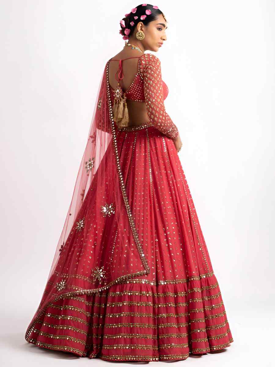 Red Faux Georgette Embroidery Bridesmaid Wedding Heavy Border Lehenga Choli