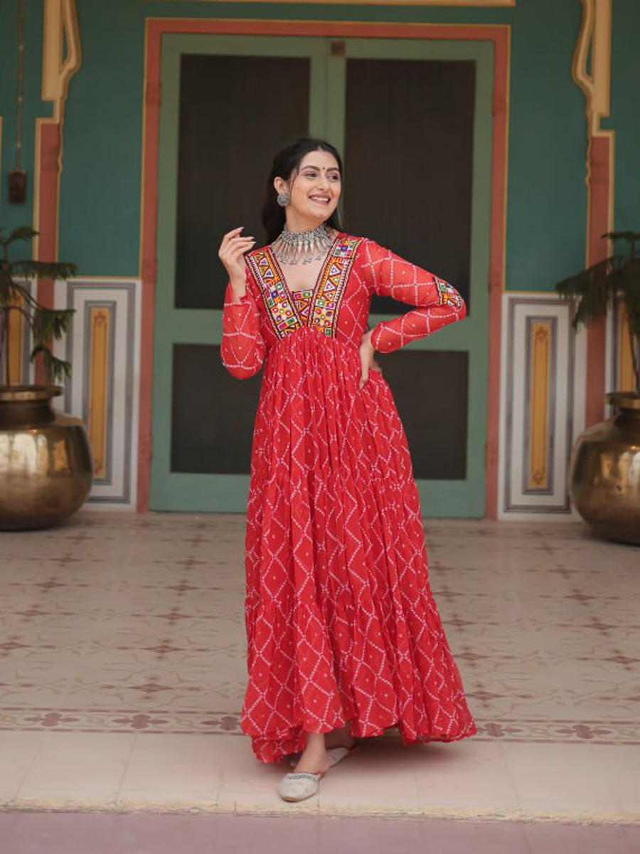 Red Faux Georgette Printed Festival Casual Gown