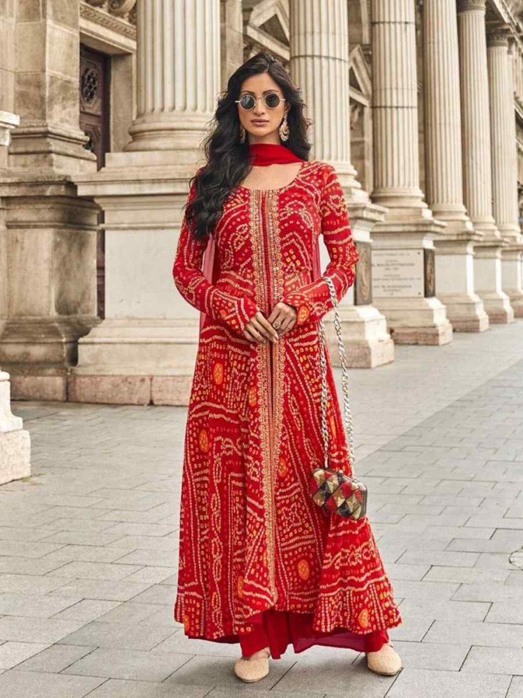 Red Fox Georgette Embroidered Festival Casual Palazzo Pant Salwar Kameez