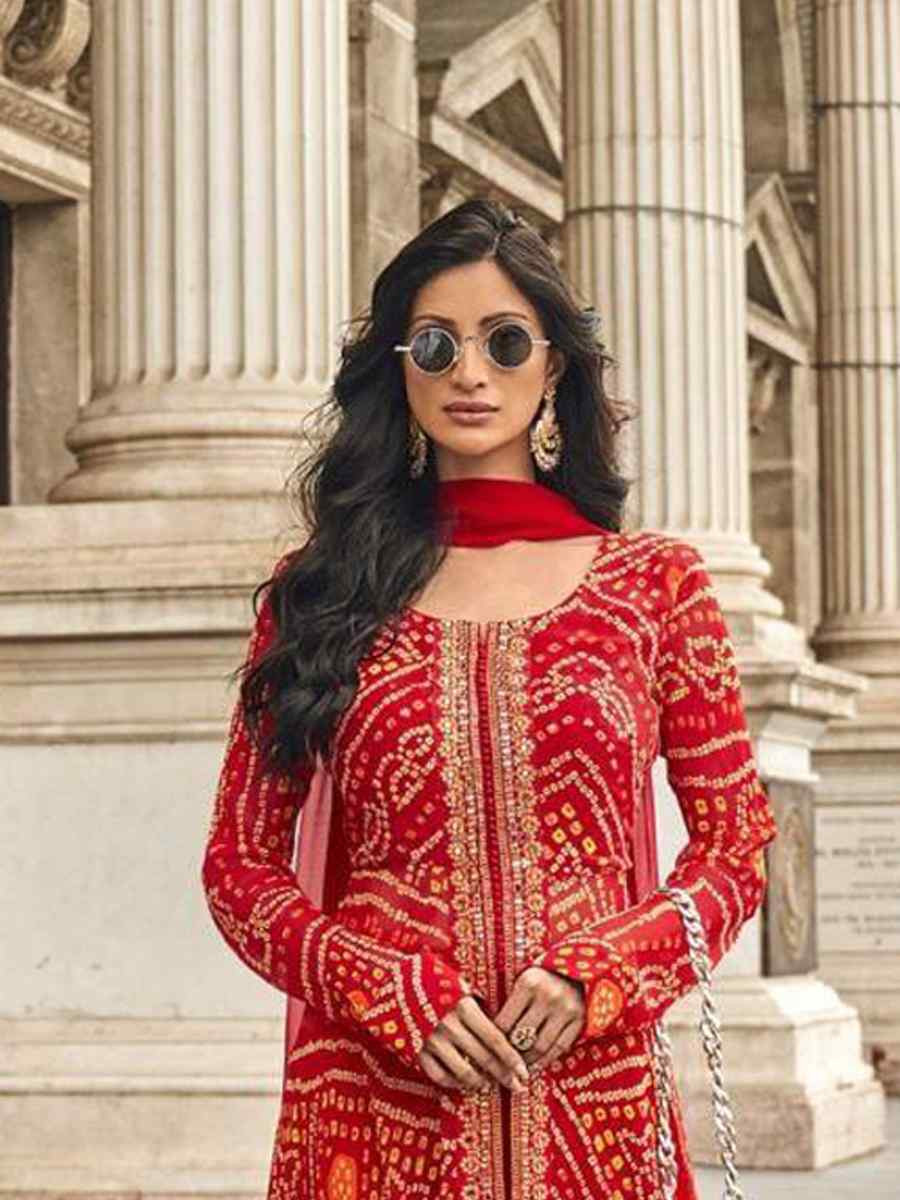 Red Fox Georgette Embroidered Festival Casual Palazzo Pant Salwar Kameez