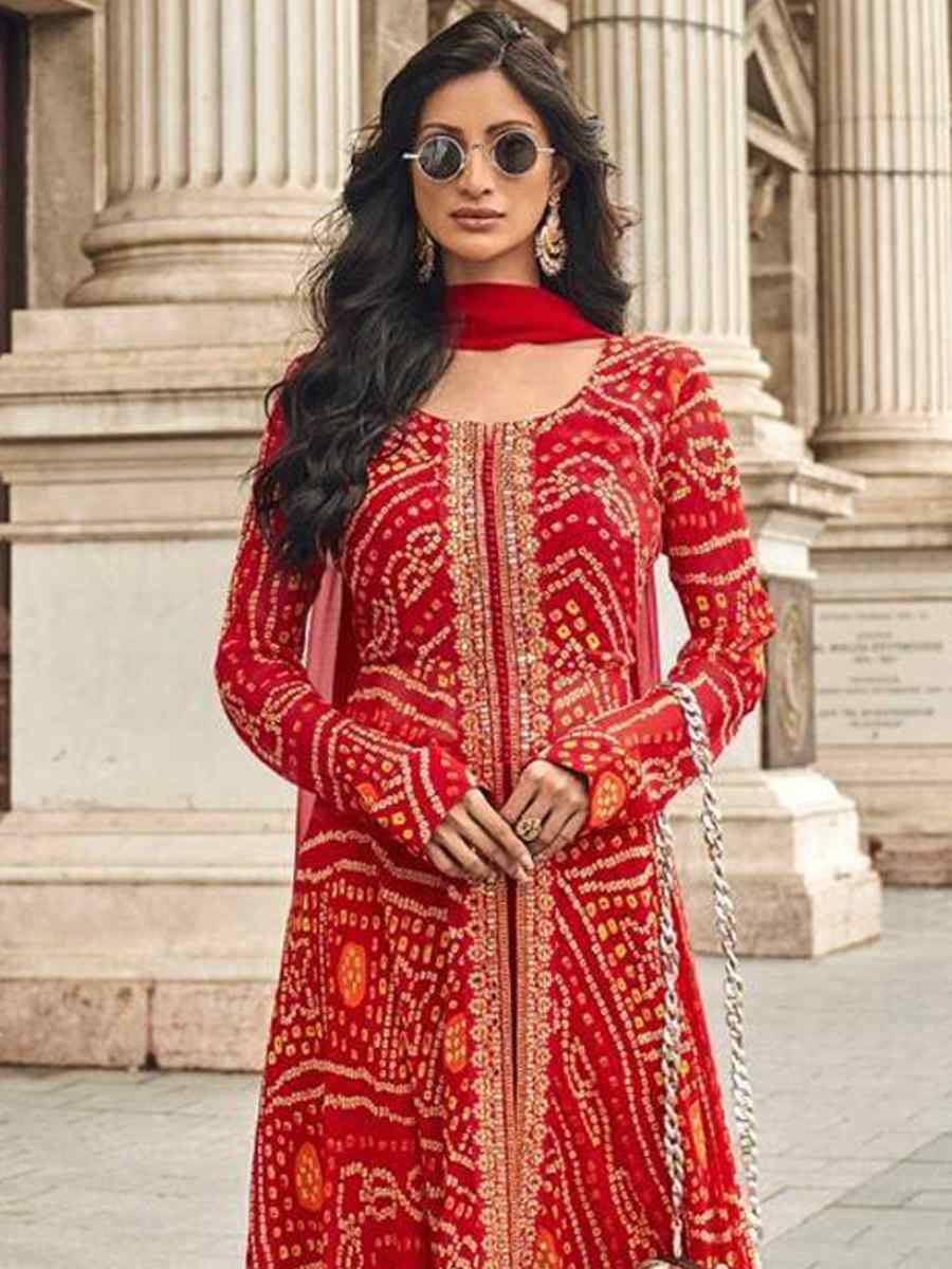 Red Fox Georgette Embroidered Festival Casual Palazzo Pant Salwar Kameez