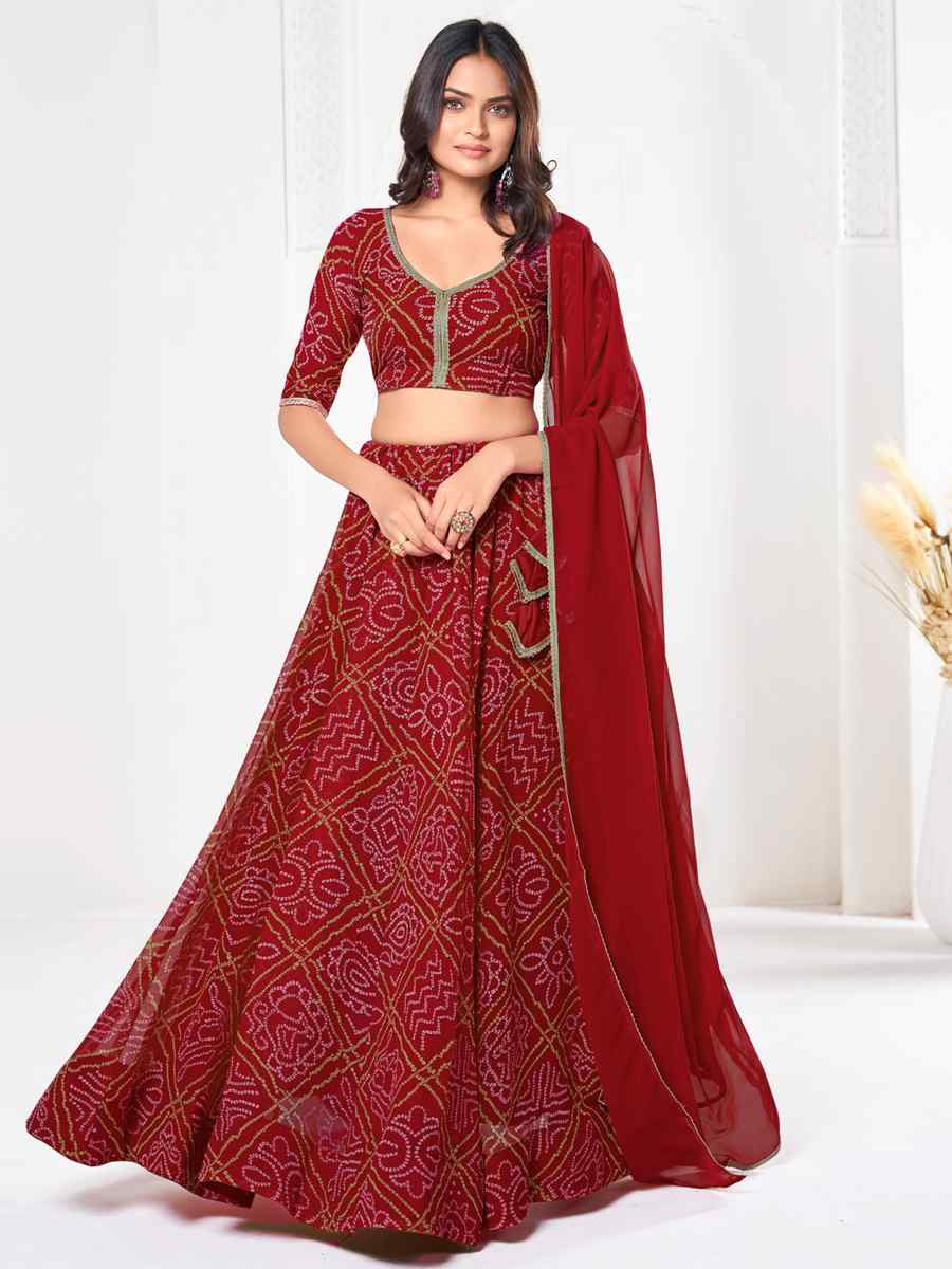 Red Georgette Bandhani Print Reception Wedding Heavy Border Lehenga Choli