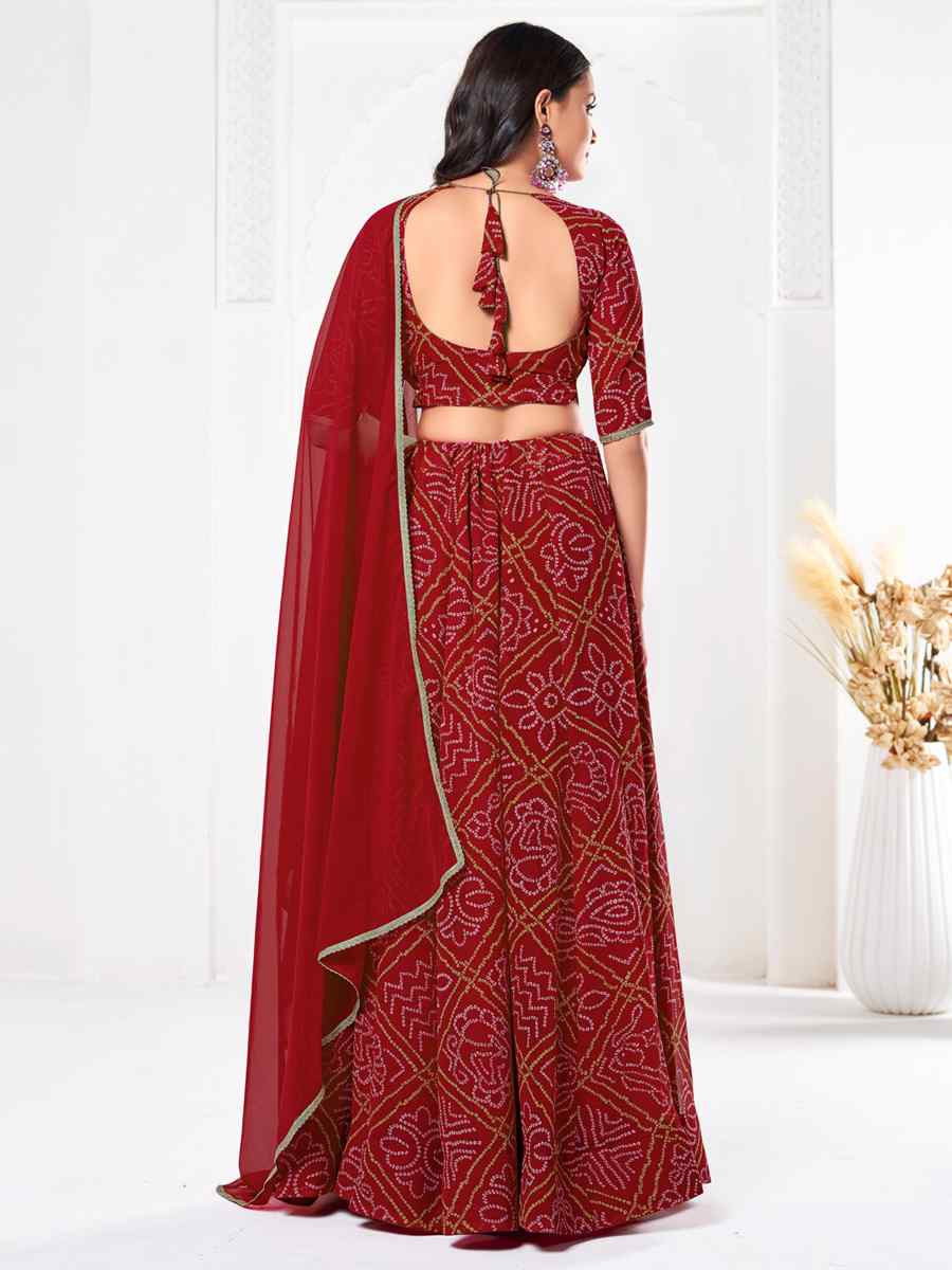 Red Georgette Bandhani Print Reception Wedding Heavy Border Lehenga Choli