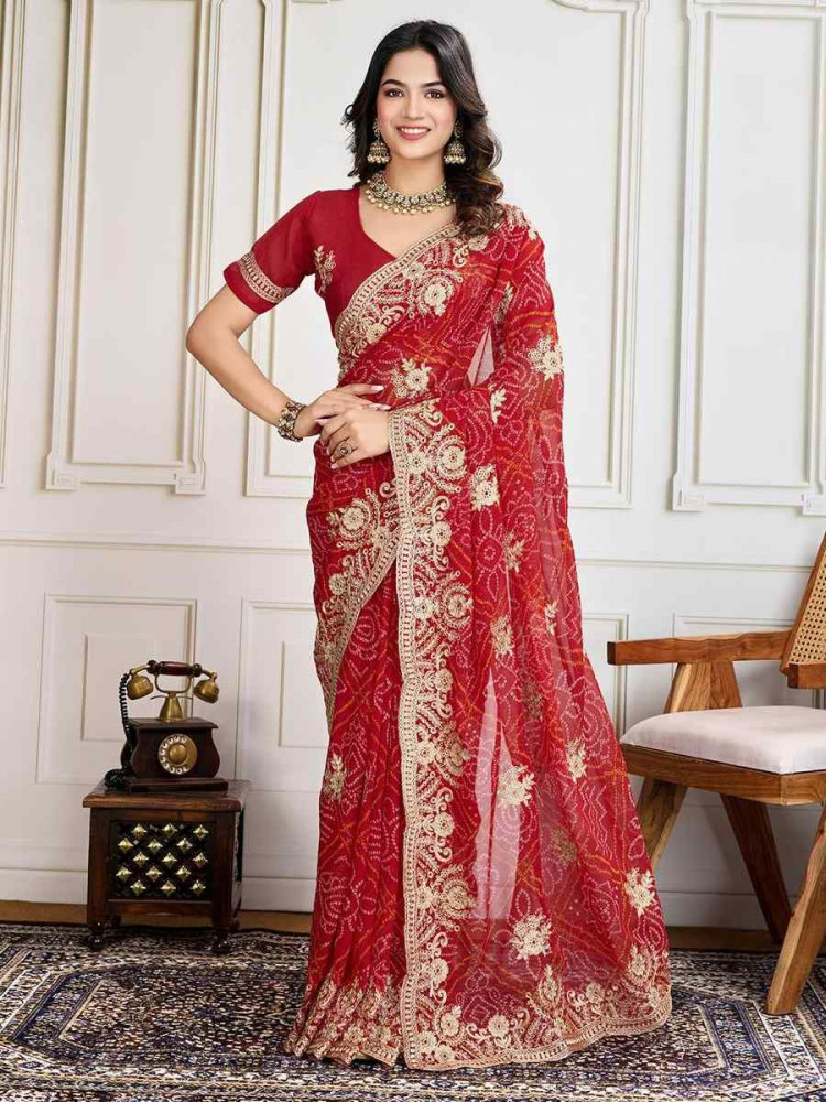 Red Georgette Bandhej Embroidered Bridesmaid Reception Heavy Border Saree