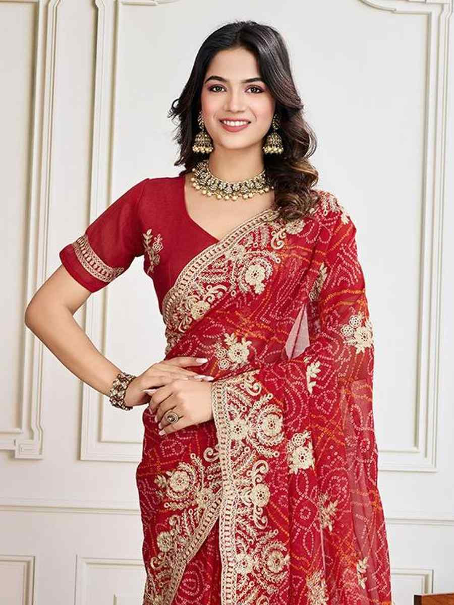 Red Georgette Bandhej Embroidered Bridesmaid Reception Heavy Border Saree