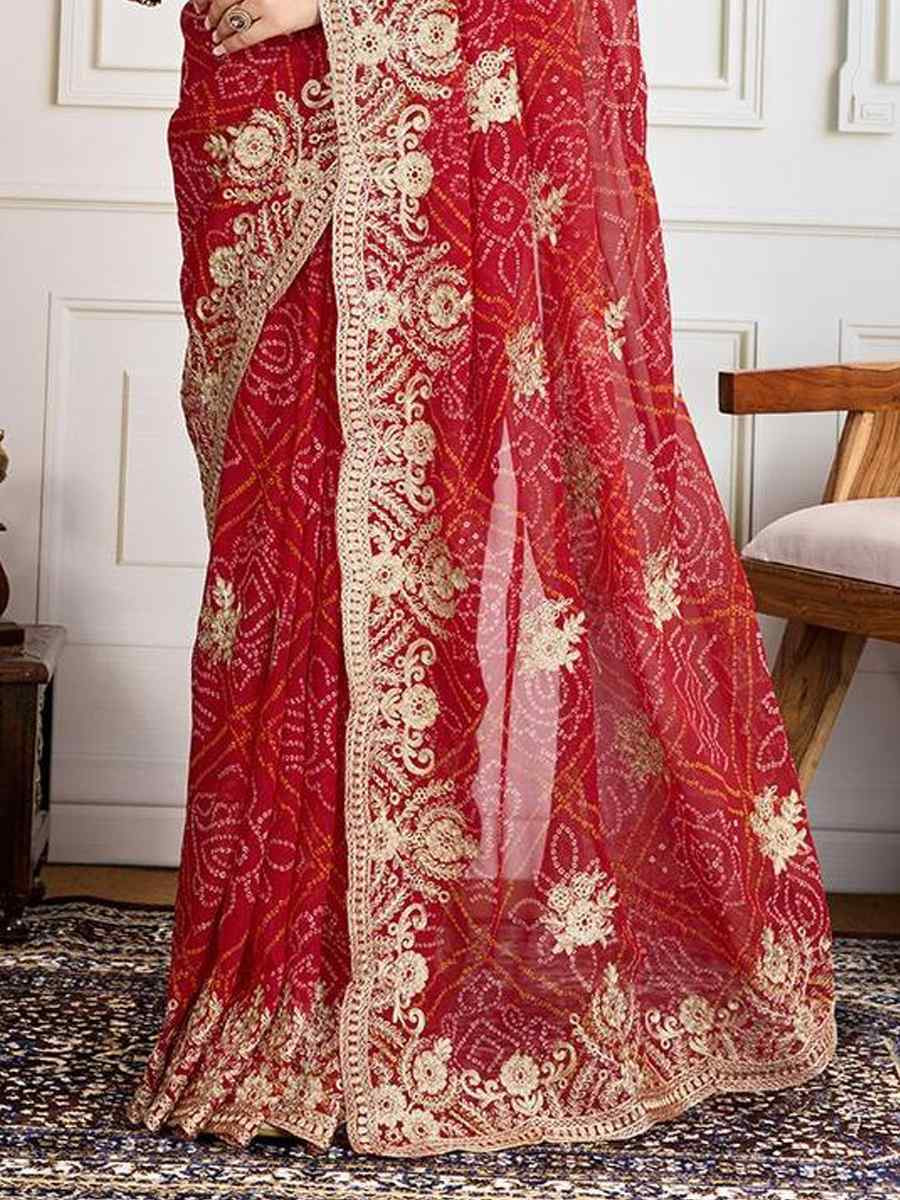 Red Georgette Bandhej Embroidered Bridesmaid Reception Heavy Border Saree