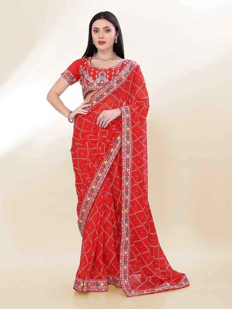 Red Georgette Embroidered Bridesmaid Reception Heavy Border Saree