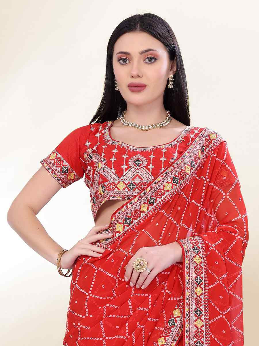 Red Georgette Embroidered Bridesmaid Reception Heavy Border Saree