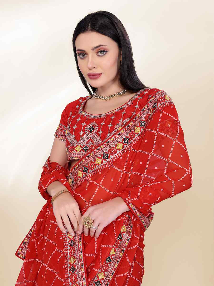 Red Georgette Embroidered Bridesmaid Reception Heavy Border Saree