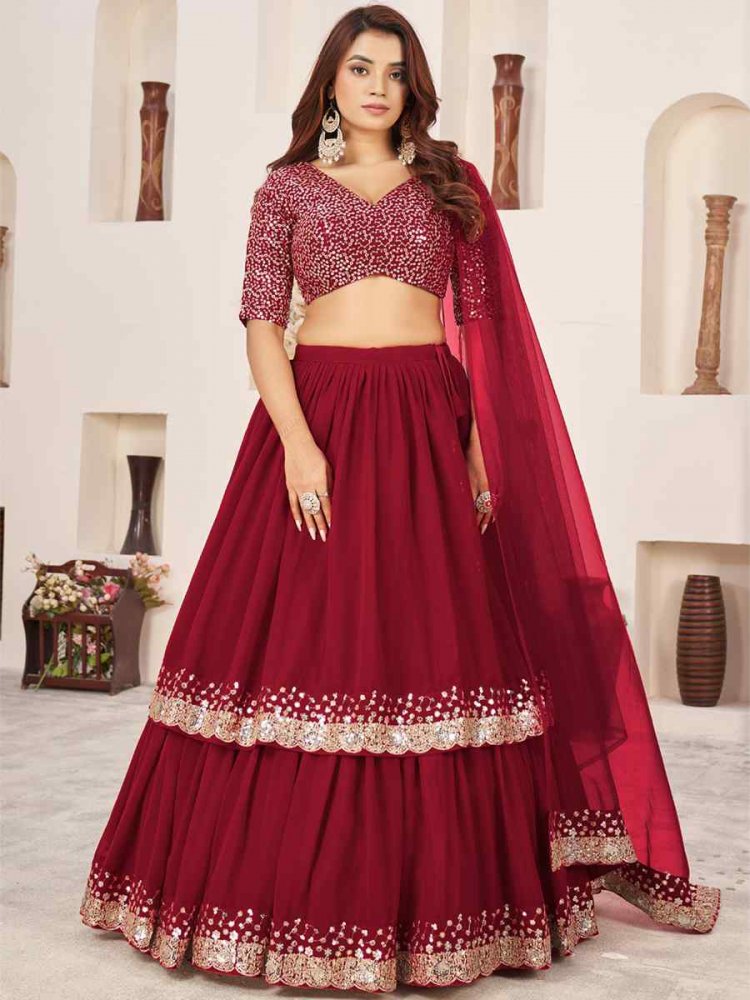 Red Georgette Embroidered Bridesmaid Wedding Heavy Border Lehenga Choli