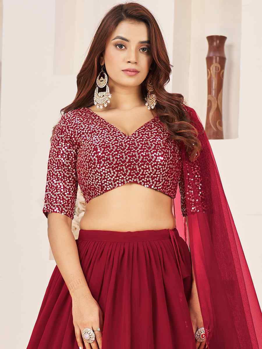 Red Georgette Embroidered Bridesmaid Wedding Heavy Border Lehenga Choli