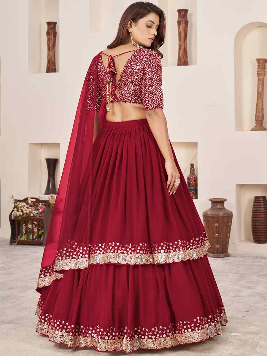 Red Georgette Embroidered Bridesmaid Wedding Heavy Border Lehenga Choli