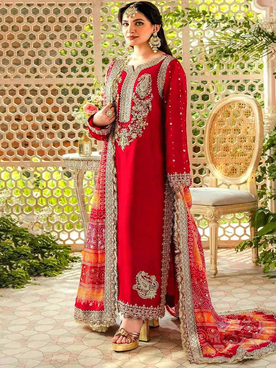 Red Georgette Embroidered Festival Casual Pant Salwar Kameez