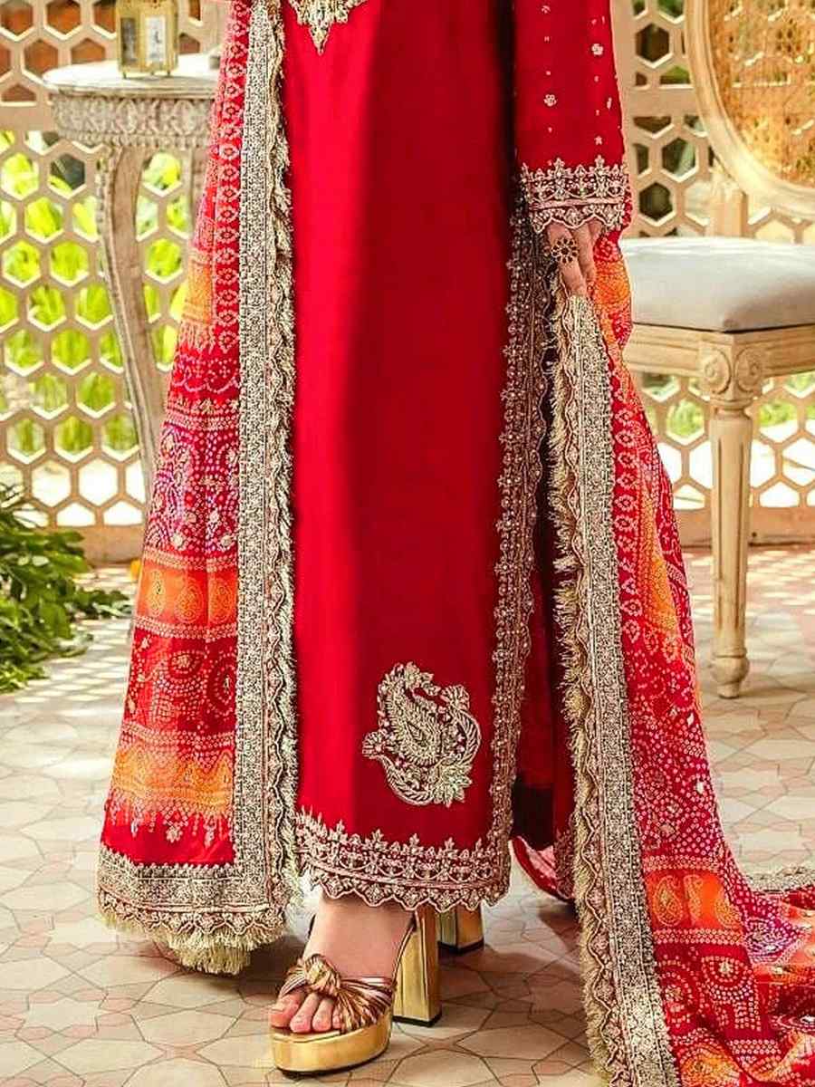 Red Georgette Embroidered Festival Casual Pant Salwar Kameez