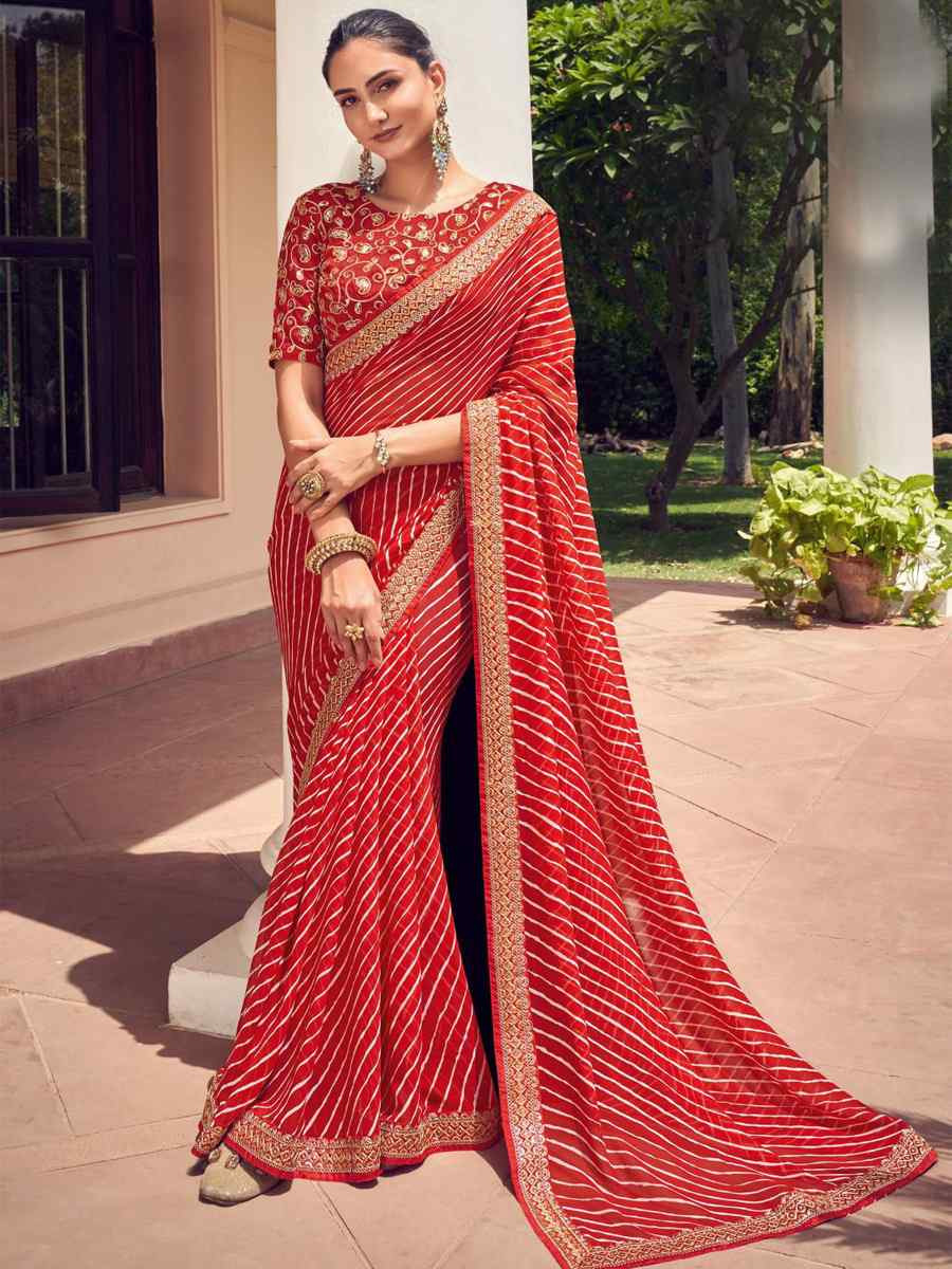 Red Georgette Embroidered Festival Party Classic Style Saree