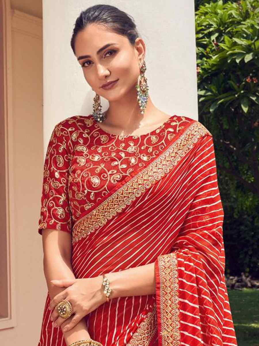 Red Georgette Embroidered Festival Party Classic Style Saree