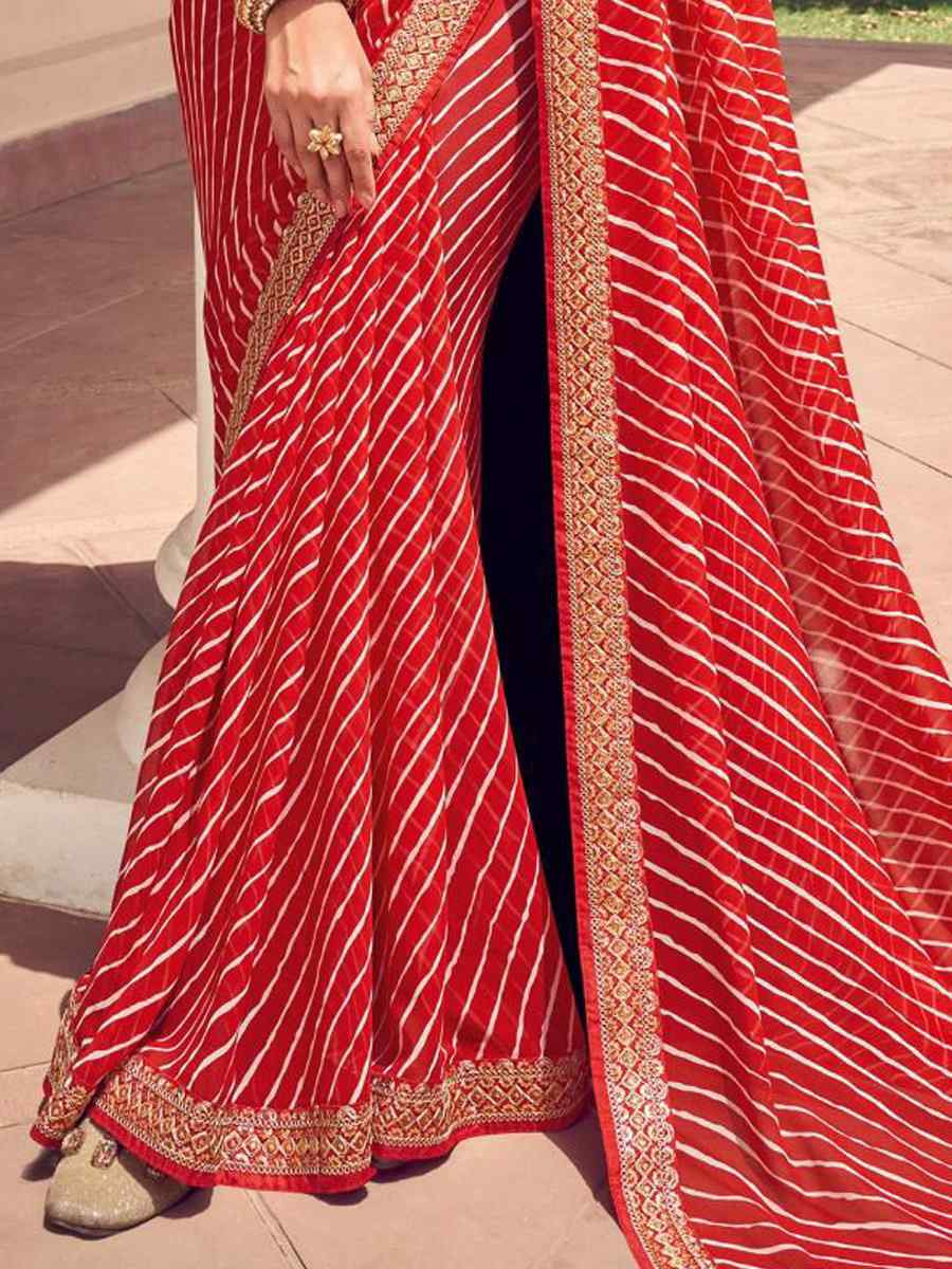 Red Georgette Embroidered Festival Party Classic Style Saree