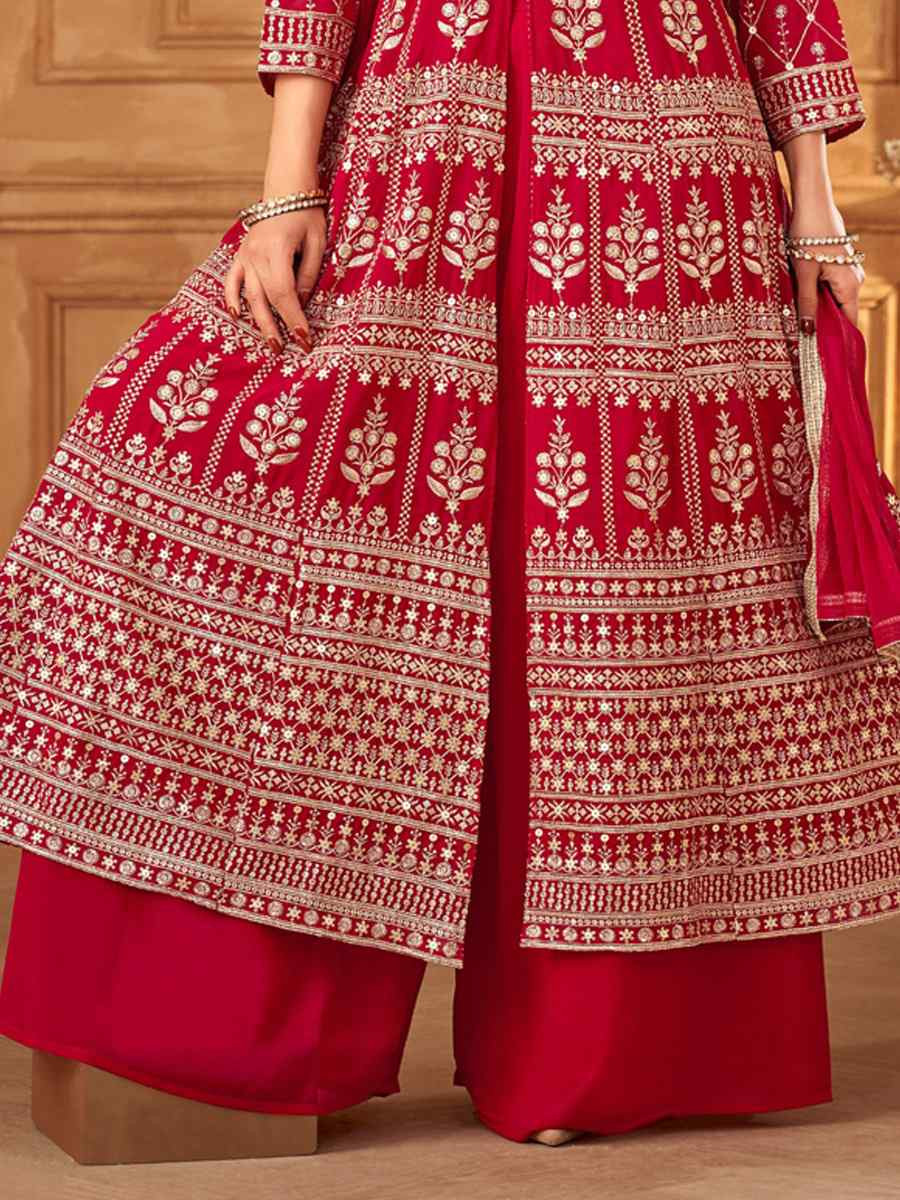 Red Georgette Embroidered Festival Wedding Ready Palazzo Pant Salwar Kameez