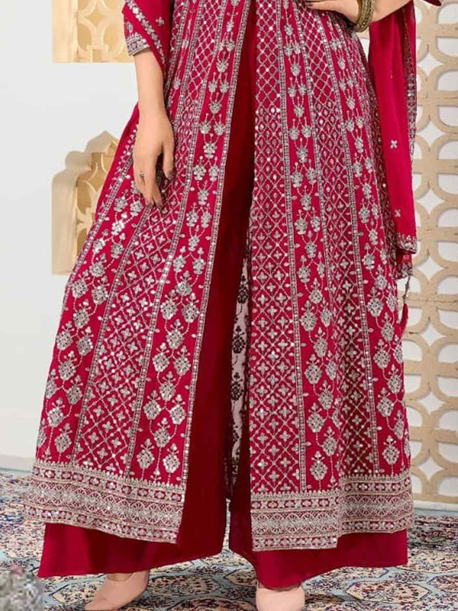 Red Georgette Embroidered Festival Wedding Ready Palazzo Pant Salwar Kameez