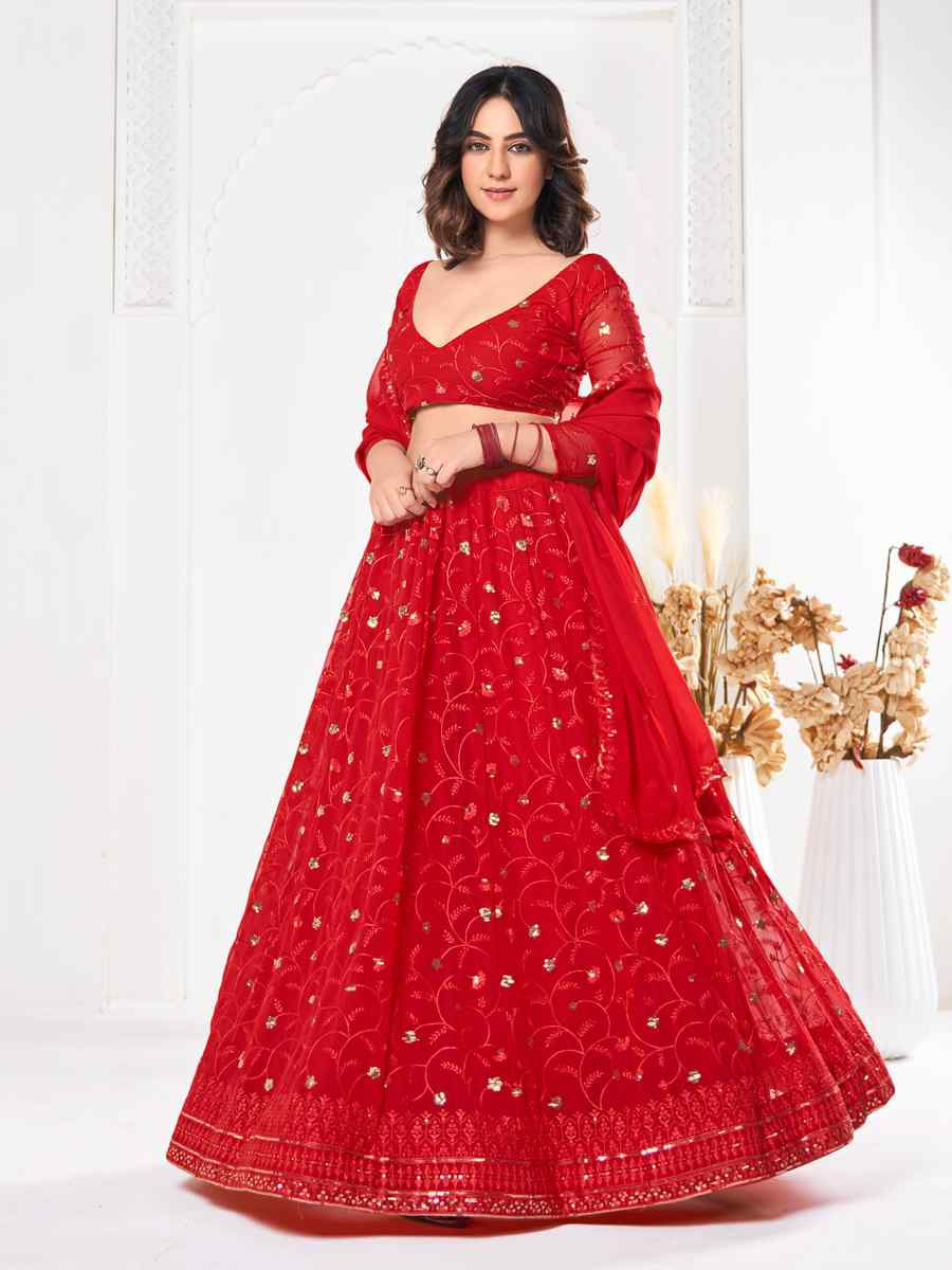 Red Georgette Embroidered Wedding Party Wear Heavy Border Lehenga Choli