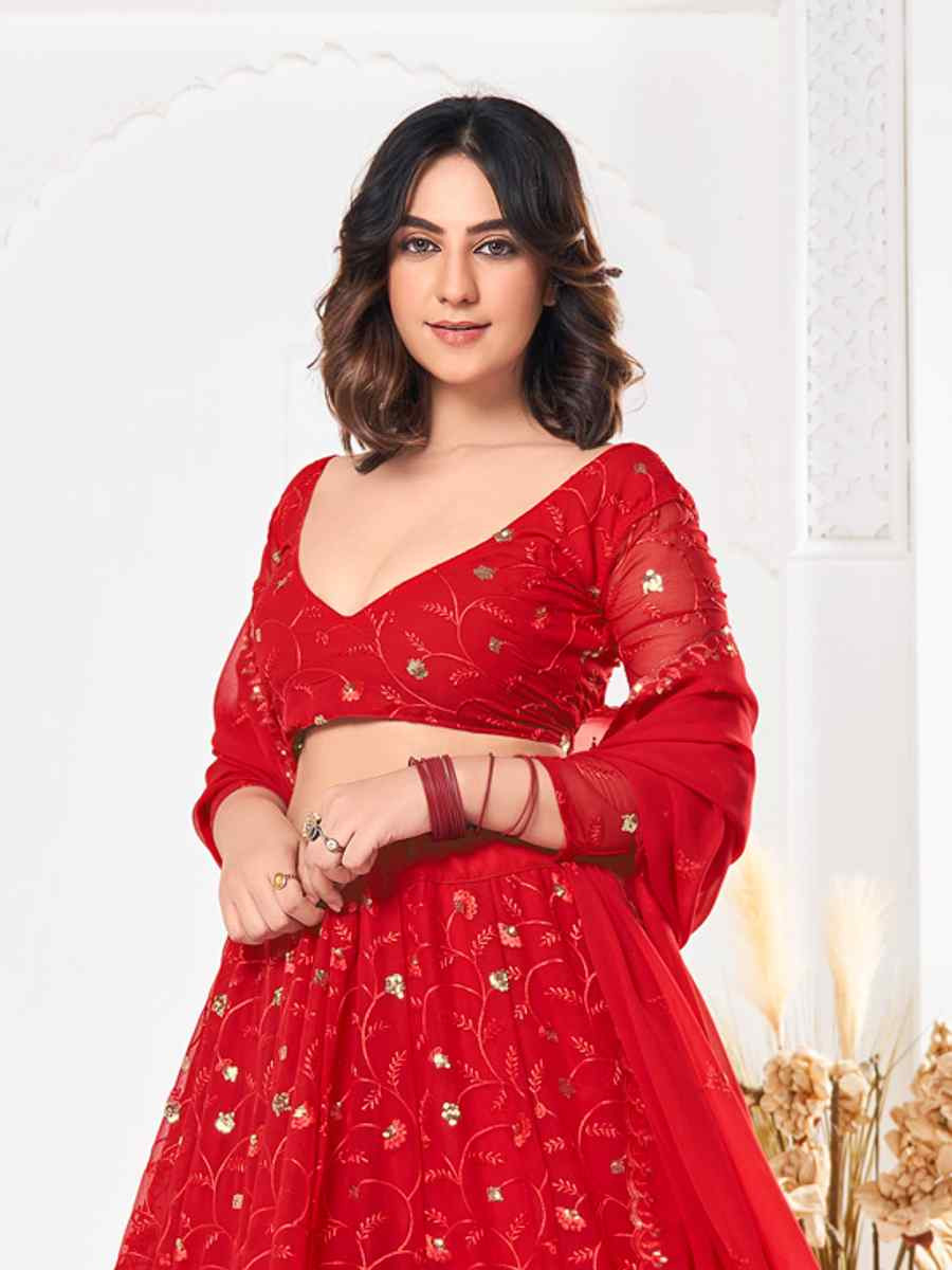 Red Georgette Embroidered Wedding Party Wear Heavy Border Lehenga Choli