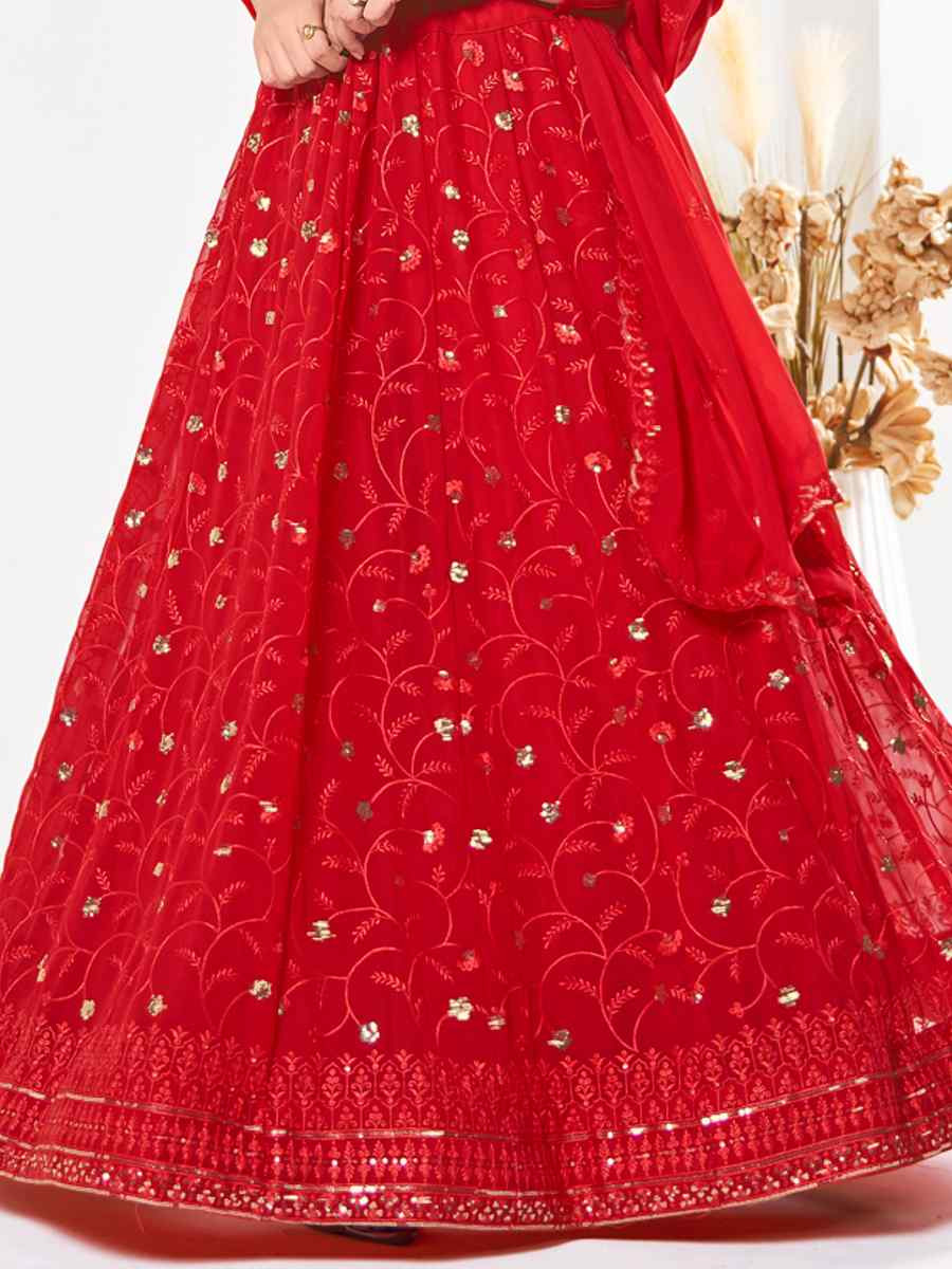 Red Georgette Embroidered Wedding Party Wear Heavy Border Lehenga Choli