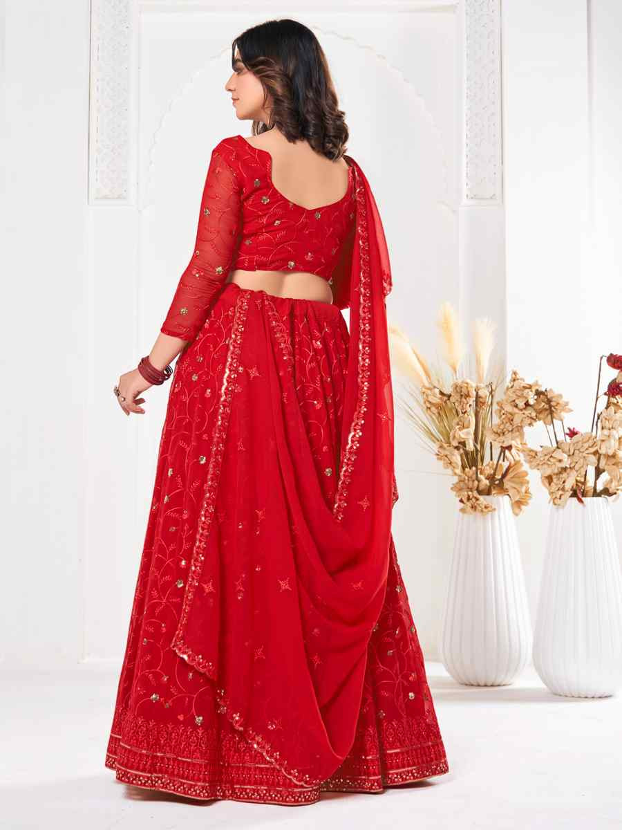 Red Georgette Embroidered Wedding Party Wear Heavy Border Lehenga Choli