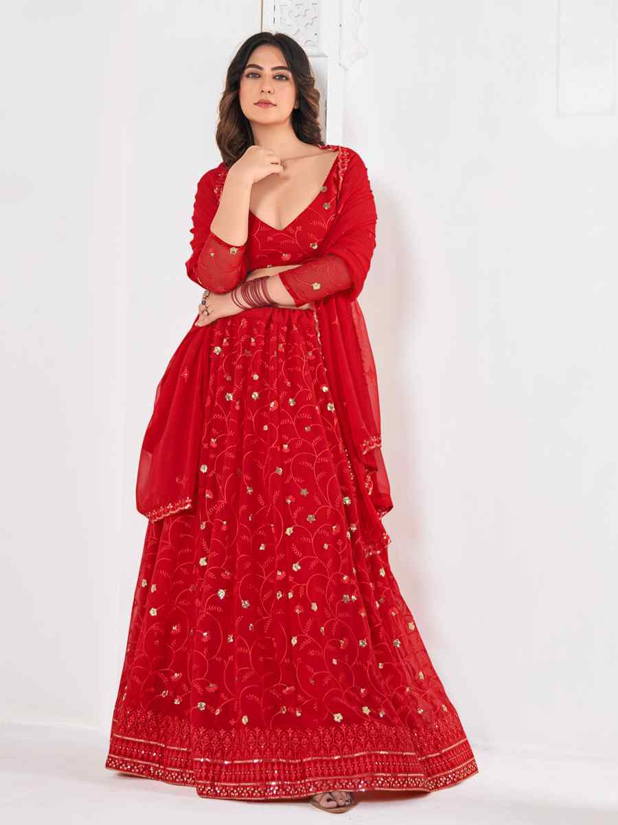 Red Georgette Embroidered Wedding Party Wear Heavy Border Lehenga Choli