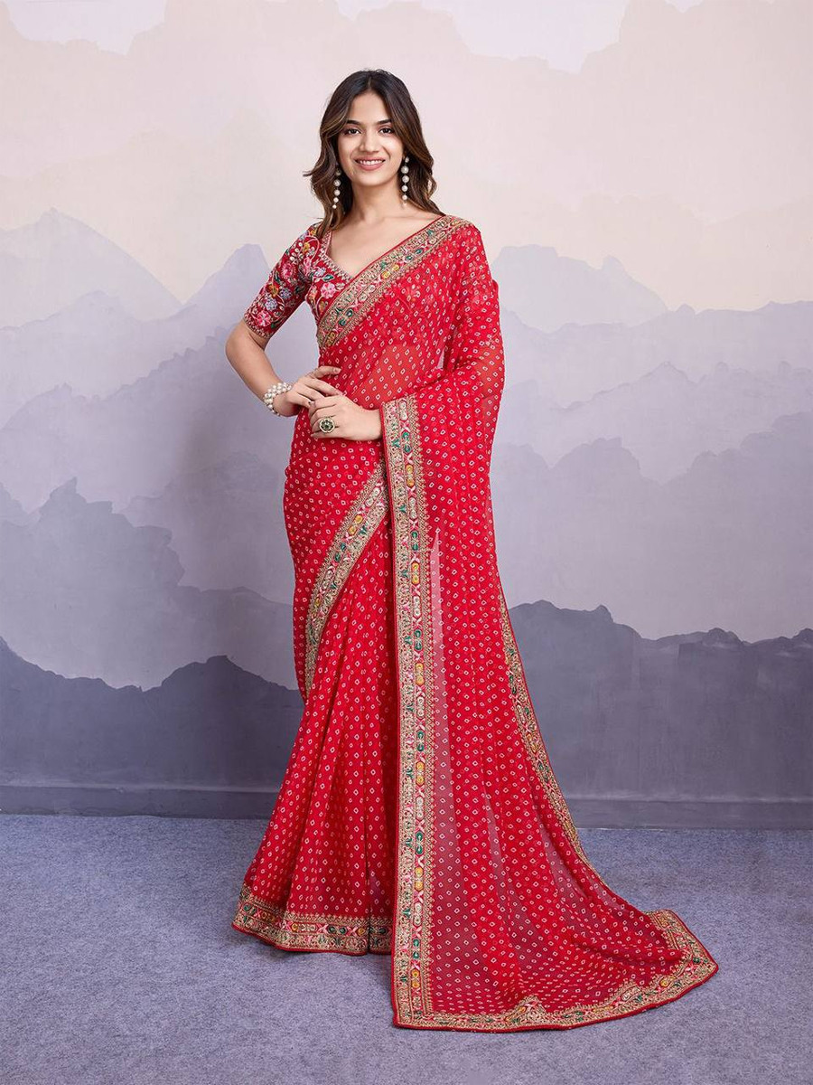 Red Georgette Handwoven Festival Party Heavy Border Saree