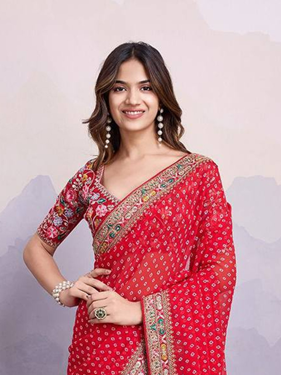 Red Georgette Handwoven Festival Party Heavy Border Saree